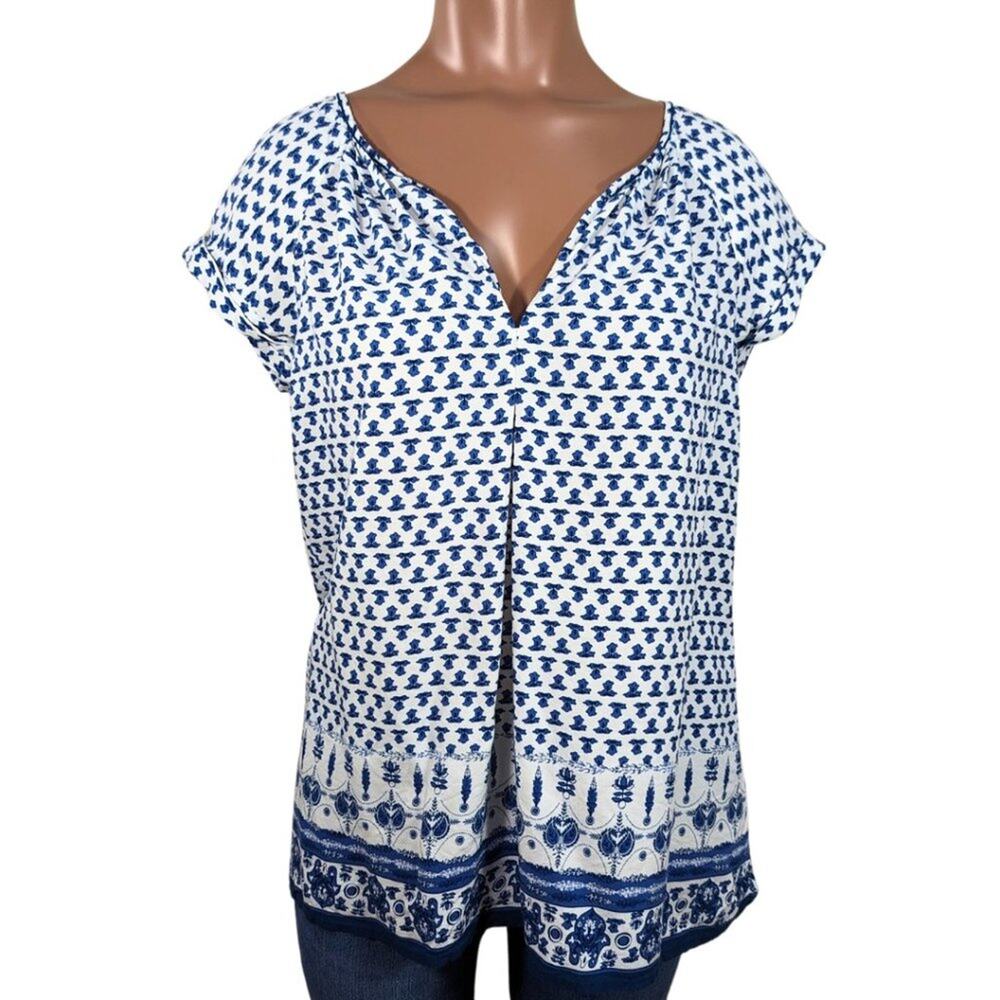 Max Studio Small Blue & White Boho Floral Print Cap Sleeve V-Neck Blouse